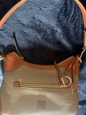 Dooney & Bourke Taupe Leather Hobo with Brown Trim and Gold Hardware